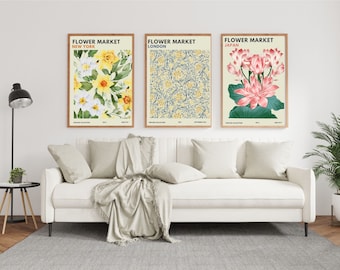 Set of 3 Flower Market Art Prints, Gallery Wall Art Hangings, Japan Flower Print, London Floral Art, NY Plant Poster Print, Botanical Decor