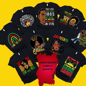 May include: A collection of ten black t-shirts featuring various Juneteenth designs. The designs include text, rainbows, crowns, and a video game controller. The text on the shirts includes "Juneteenth", "1865", "I Pause My Game To Celebrate Juneteenth", "You're Glad", "Queen", "Family Shirts", and "July 4th Juneteenth 1865 Because My Ancestors Weren't Free In 1776".