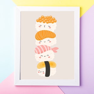 May include: A white framed print with a stack of four cartoon sushi rolls with smiling faces. The sushi rolls are stacked from top to bottom: a roll with orange fish eggs, a roll with orange fish, a roll with pink fish, and a roll with a yellow egg.