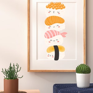 May include: A framed print of a stack of four sushi rolls with cute faces. The sushi rolls are topped with fish, shrimp, and egg.