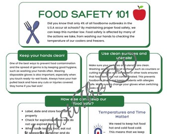 Food Safety Handout for School Foods, School Foods Education Material