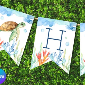 Ocean Happy Birthday Banner, Ocean Banner Vorlage, EDITIERBARE Canva Banner, Ocean Birthday Party Decor