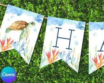 Ocean Happy Birthday Banner, Ocean Banner Template, EDITABLE Canva Banner, Ocean Birthday Party Decor