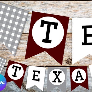 May include: A red, white, and gray banner with the word "TEXAS" in black letters. Each letter is on a separate pennant.
