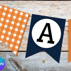 May include: A banner with orange and white checkered fabric, a blue banner with a white circle and the letter "A" in black, and an orange banner with a white circle and the letter "U" in black.