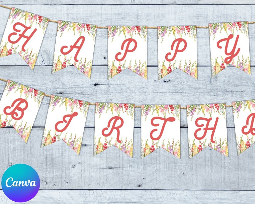 Floral Happy Birthday Banner, Floral Banner Template, EDITABLE Canva ...