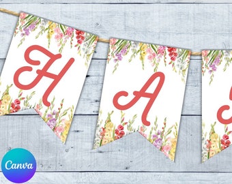 Floral Happy Birthday Banner, Floral Banner Template, EDITABLE Canva Banner, Floral Birthday Party Decor