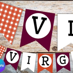 Może przedstawiać: Baner z napisem "VIRGO" na poszczególnych proporczykach. Proporczyki są w różnych kolorach, w tym białym, bordowym i pomarańczowym. Litery są czarne. Baner zawiera również wzór w kratę vichy.