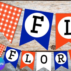 Striscione stampabile blu e arancione, decorazioni per feste di football universitario, striscione stampabile, bandierine blu e arancioni, decorazioni per dormitori