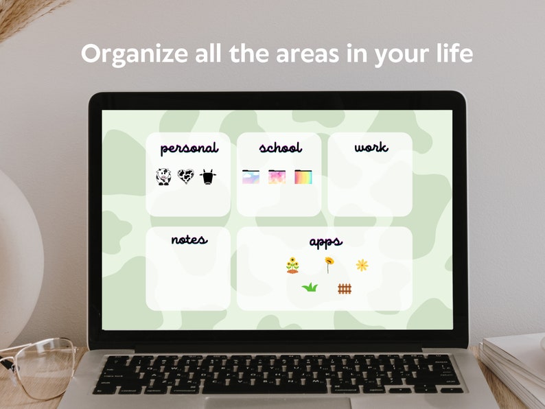 Sage Green Cow Print Wallpaper Desktop Organizer With Custom Aesthetic