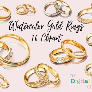 Paquete de imágenes prediseñadas de anillos de boda de oro, PNG transparente, imágenes prediseñadas de boda, descarga digital, manualidades de papel para hacer tarjetas, POD de uso comercial