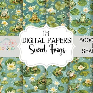 Lot de motifs sans couture de grenouilles mignonnes, motif numérique répétitif vibrant, arrière-plan numérique, usage commercial, téléchargement immédiat, POD sans couture