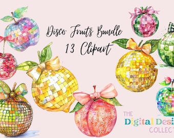 Groovy Disco Fruit PNG Sublimação PNGs Clipart PNG, Clipart Conjunto de Morango, Maçã, Cerejas, Laranja, Laranja, Pêra, Bagas POD Instant
