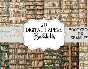 May include: A collection of 20 digital papers featuring bookshelf designs. The seamless patterns showcase various bookshelf styles with books, flowers, and greenery. The image includes the text "20 DIGITAL PAPERS Bookshelves 3000x3000 PX SEAMLESS".
