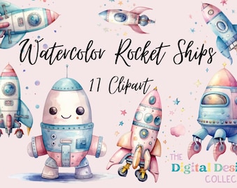 Watercolor Rocket Ship Clipart Bundle Watercolor Clipart, Astronaut Spaceship, Outerspace Clipart, Stars and Moon PNG Instant Download