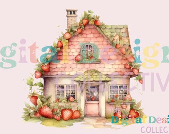Strawberry House Clipart, New home gift, Watercolor Clip Art, Printable PNGs, Instant Download, Commercial Use, Sublimination