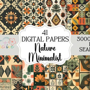 May include: 41 digital papers featuring nature-inspired minimalist designs in a geometric pattern with a colour palette of beige, green, black, orange, and red. The papers are 3000 x 3000 pixels and seamless.
