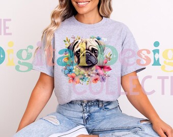 May include: A gray t-shirt with a floral design featuring a pug dog. The flowers are in shades of pink, blue, yellow, and green.