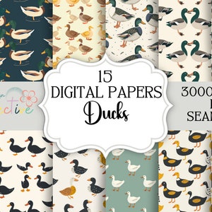 Op de afbeelding: Een set van 15 digitale papieren met verschillende eend-illustraties in verschillende kleuren en patronen. De papieren zijn 3000x3000 pixels groot en naadloos. De tekst "15 DIGITAL PAPERS Ducks 3000x3000 PX SEAMLESS" staat op een wit label.
