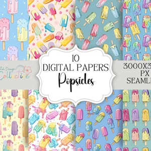 Könnte beinhalten: Set mit 10 digitalen Papieren mit bunten Eis am Stiel-Designs. Jedes Papier ist 3000x3000 Pixel groß und nahtlos.