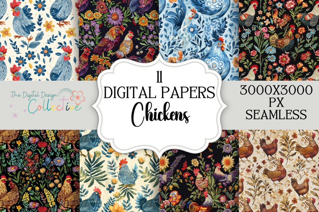 Floral Chicken Seamless Pattern Papers, Digital Background, Commercial ...