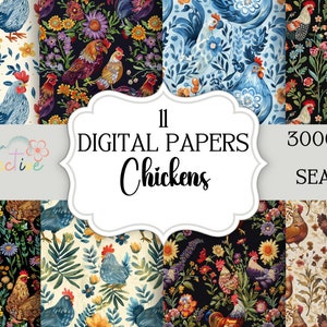 Floral Chicken Seamless Pattern Papers,  Digital Background, Commercial Use, Instant Download, POD Seamless
