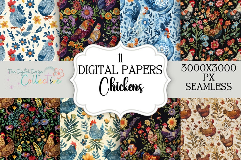 Floral Chicken Seamless Pattern Papers, Digital Background, Commercial ...
