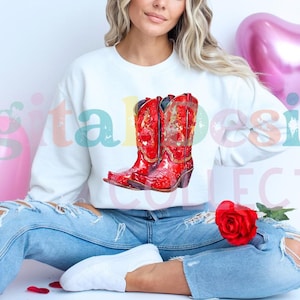 Western Boots Png, Valentine&#39;s Day Png Clipart, Cowgirl Sublimation Printing for T-Shirts, Mug, Rose With Boots Png Cowgirl Hat Png Download