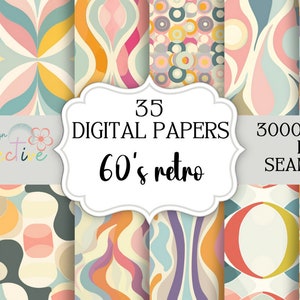 Könnte beinhalten: Ein Set mit 35 digitalen Papieren mit Retro-Mustern aus den 60er Jahren in verschiedenen Farben, darunter Pink, Blau, Gelb und Grün. Die Papiere sind 3000x3000 Pixel groß und nahtlos.