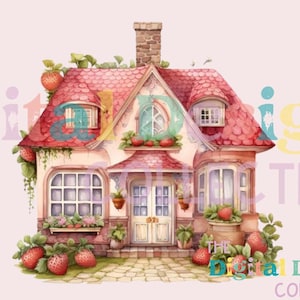Clipart maison aux fraises, cadeau maison neuve, clipart aquarelle, PNG imprimables, téléchargement immédiat, utilisation commerciale, sublimation