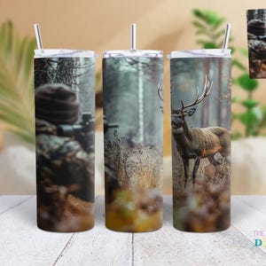 Hunting Wilderness Deer Tumbler Wrap, 20oz Skinny Straight Tumbler with Sublimation Design featuring a Whitetail Buck in the Woods, PNG