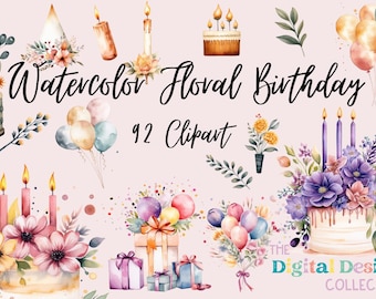 Boho Floral Birthday Clipart, Watercolor Birthday Clipart, Floral Party Clipart, Boho Birthday Clipart, Watercolor Birthday Cake Clipart