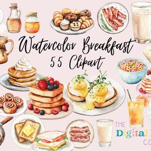 Aquarel ontbijt clipart - ochtend download - instant download - toast - koffie - thee - pannenkoeken - spek - muffins