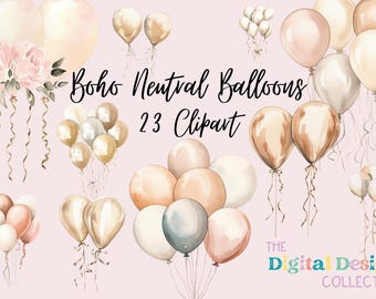 Watercolor Boho Balloons Clipart, Watercolor Birthday Clipart, Floral Party Clipart, Boho Birthday Clipart, Watercolor Birthday Cake Clipart