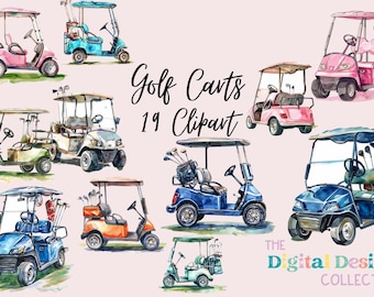 Paquete de imágenes prediseñadas de carrito de golf de acuarela PNG Paquete de materiales de manualidades de descarga instantánea, papel digital imprimible PNG clipart de golf planificador