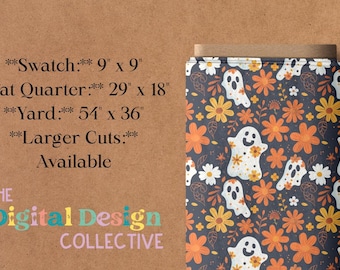 Floral Happy Ghost Halloween Fabric By The Yard, Witch Fabric, Ghost Fabric, Custom Printed Fabric By The Yard 100% Cotton