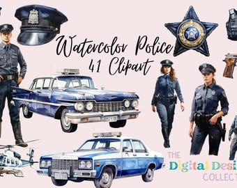 Watercolor Police Clipart Bundle Instant Digital Download, Commercial Use PNG Bundle POD Commercial Use Graphics T-shirt designs printable