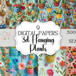 Pode incluir: Nove papéis digitais com plantas suspensas em 3D em várias cores e estilos. Os papéis são sem costura e têm um tamanho de 3000x3000 pixels. O texto "The Digital Design Collective" está no canto inferior esquerdo.