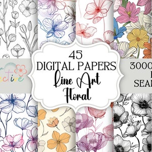 Peut inclure: Un ensemble de 45 papiers numériques avec des motifs floraux en ligne art dans différentes couleurs, y compris le rose, le bleu, le jaune et le noir. Les papiers sont de 3000x3000 pixels et sans couture.