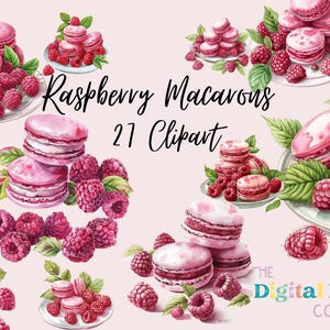 May include: A digital clipart set of 21 watercolor illustrations featuring pink macarons and raspberries. The macarons are arranged in various groupings and are surrounded by raspberries. The text "Raspberry Macarons 21 Clipart" is displayed in the center of the image.