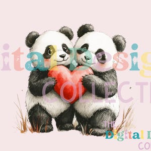 Clipart de panda de acuarela para el día de San Valentín: panda de dibujos animados con un corazón para DTG, tazas, vasos, sublimación y álbumes de recortes - PNG digital