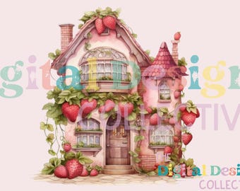 Strawberry House Clipart, New home gift, Watercolor Clip Art, Printable PNGs, Instant Download, Commercial Use, Sublimination
