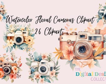 Watercolor Floral Cameras Clipart Bundle Botanical Art, Card Making, Journaling, Digital Paper Craft, Digital PNG POD