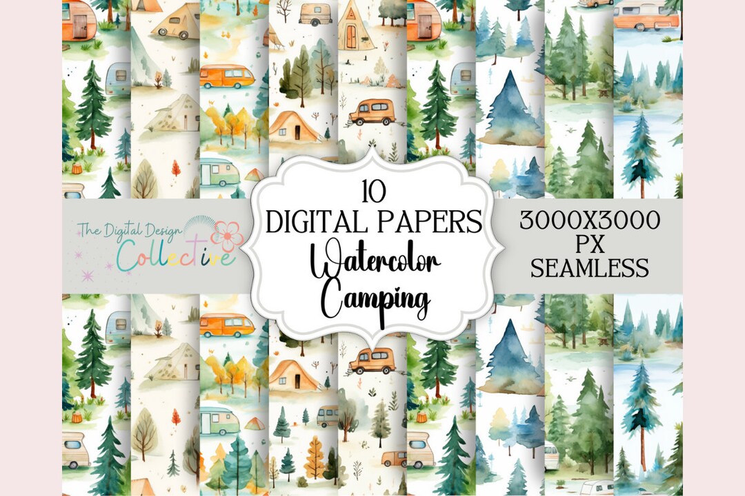 Watercolor Camping Seamless Patterns, Repeating Digital Pattern ...