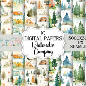 Patrones sin costuras de camping de acuarela, patrón digital repetido, fondo digital, uso comercial, descarga instantánea, POD sin costuras