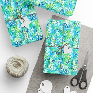 Green and Blue Preppy Watercolor Snowflake Wrapping Paper Lilly-Inspired Christmas Gift Wrap