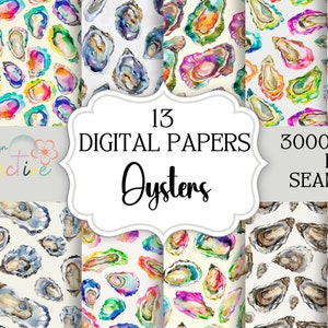 Seamless Oyster Digital Paper Pack, Seamless Sea Oyster Shell Patterns, Watercolor Ocean Summer Beach Nautical printable scrapbook paper POD