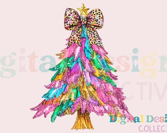 Coquette Rainbow Christmas Tree in PNG format, Watercolor Feminine Christmas Tree, Merry Christmas Coquette Bow Tree in PNG, Hand-Drawn POD