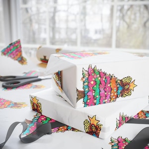 Coquette Rainbow Christmas Tree Wrapping Paper Custom Holiday Gift Wrap, Matte or Glossy Finish