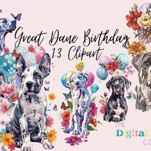 Great Dane Floral Birthday Great Dane Illustration Clipart, Junk Journal, Digital Paper Craft, Crafting Bundle Great Dane Digital Download